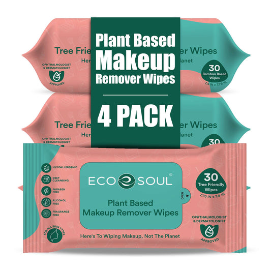 EcoSoul Makeup Remover Wipes Plant-Based 30 Count Per Pack (Pack of 4)