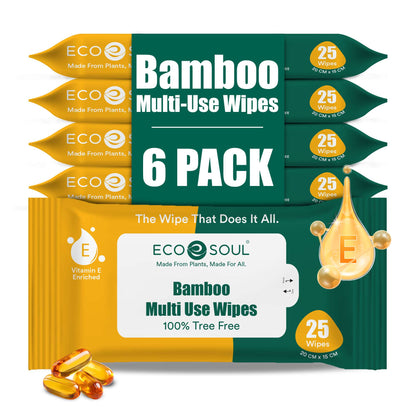 ECO SOUL Bamboo Multi Use Wipes, 25 Pulls Each, Pack Of 6, 100% Natural & Eco-Friendly