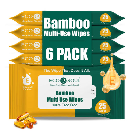 ECO SOUL Bamboo Multi Use Wipes, 25 Pulls Each, Pack Of 6, 100% Natural & Eco-Friendly