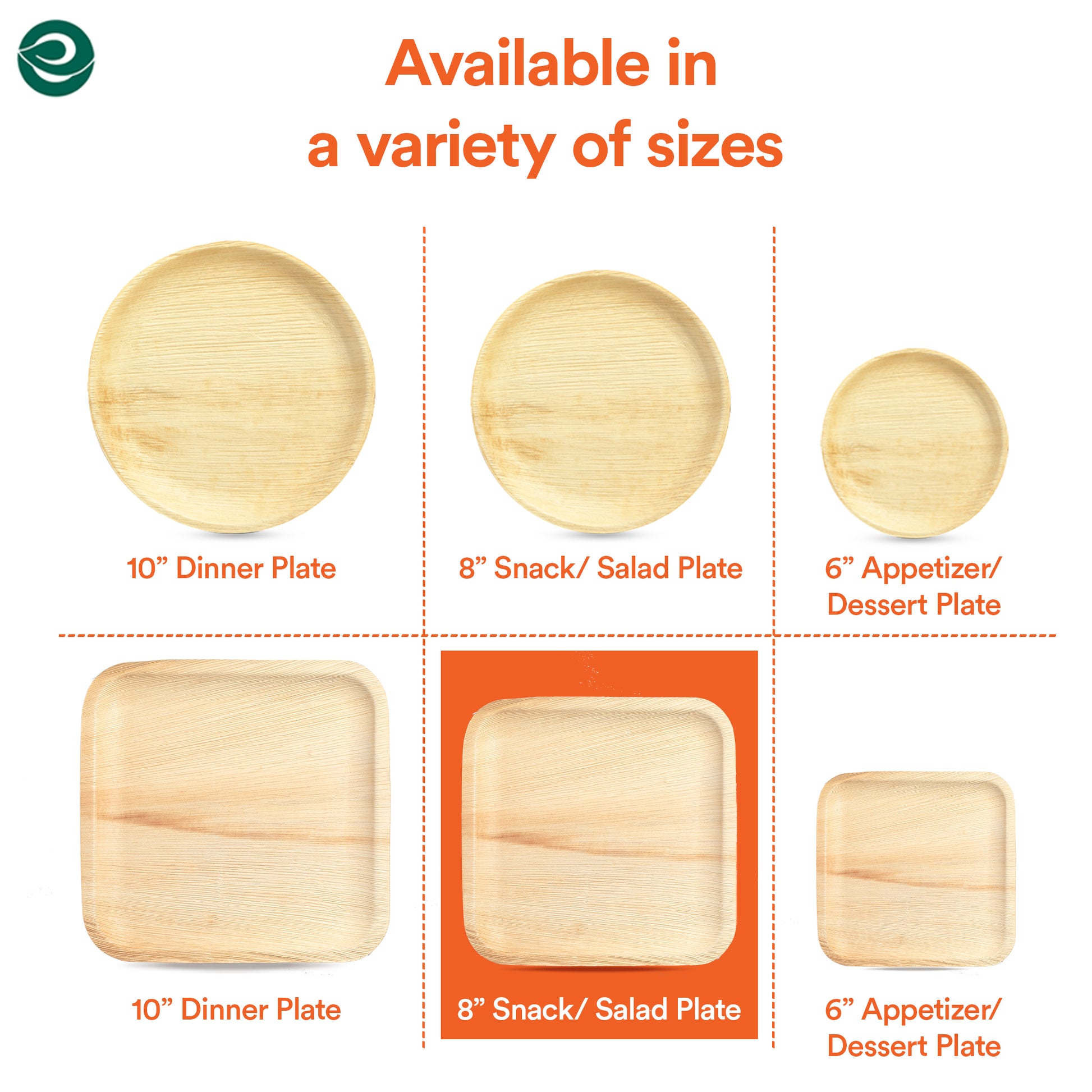 Palm leaf plates are available in a variety of sizes to suit any occasion.