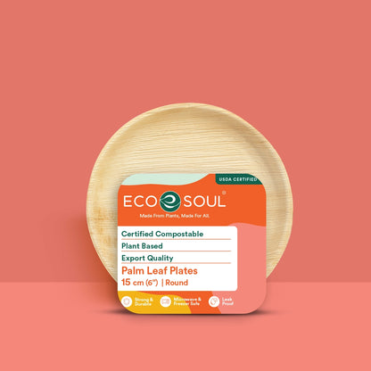 6-inch round compostable plates made from palm leaf.