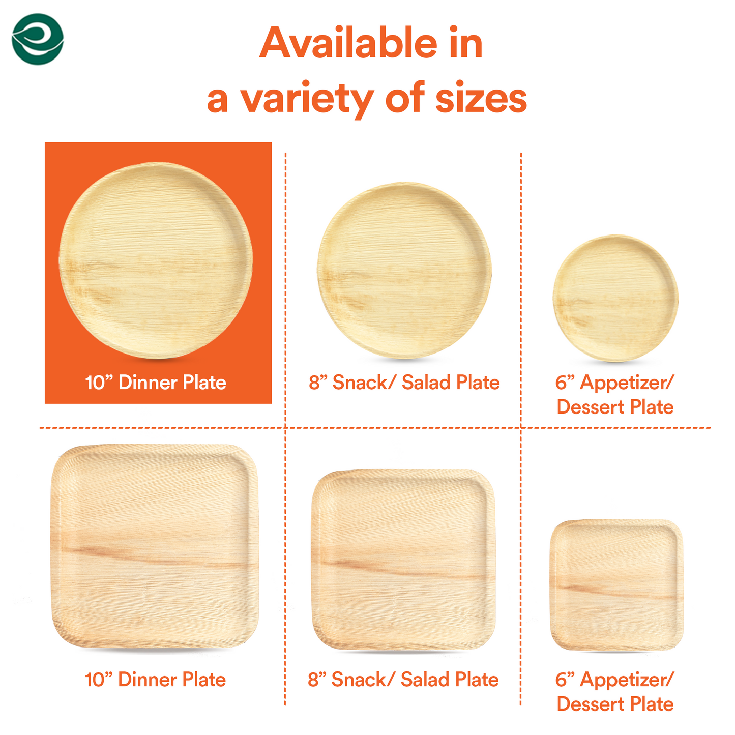 Palm leaf dinner plates available in various styles and multiple sizes.