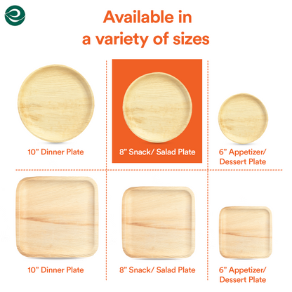 Areca leaf plates are available in a variety of sizes to suit every need.