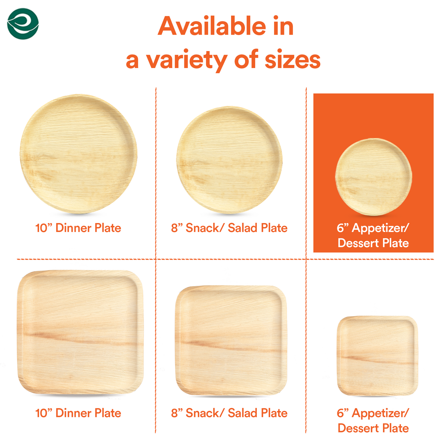 Collection of Palm leaf disposable plates available in a variety of sizes. 