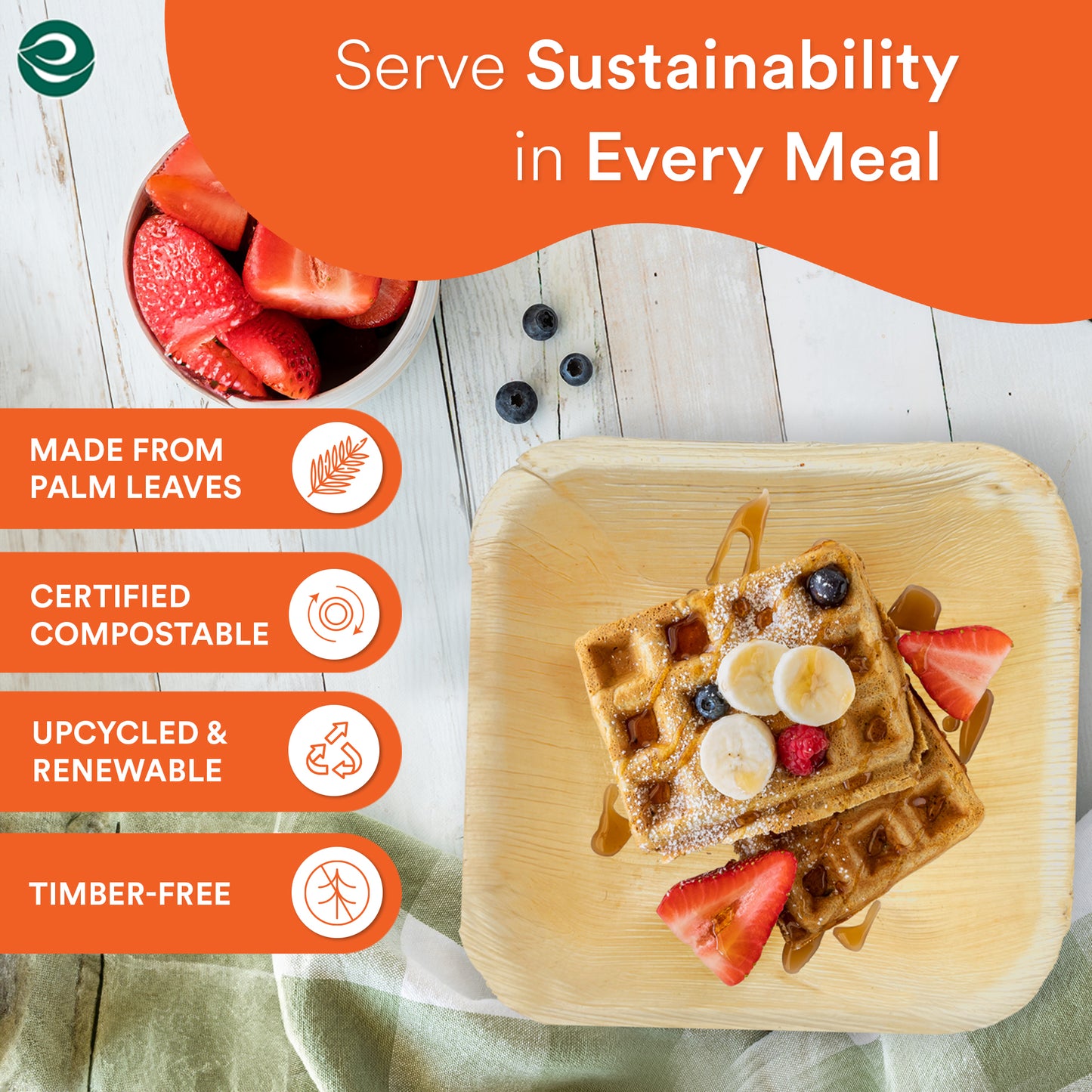 Certified compostable palm leaf square bowls for every meal. 