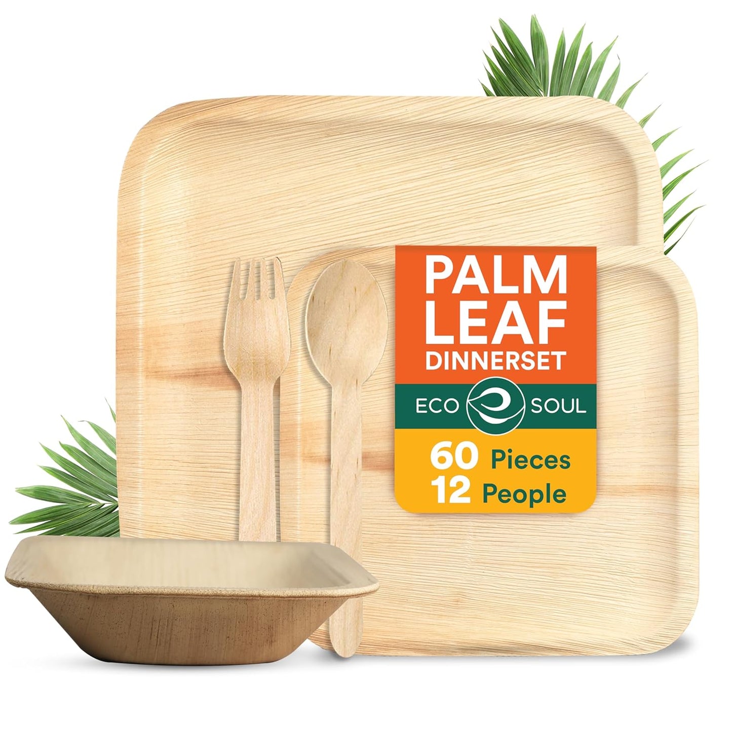 Palm Leaf Dinner Sets, Square,  Pack of 60, For 12 peoples