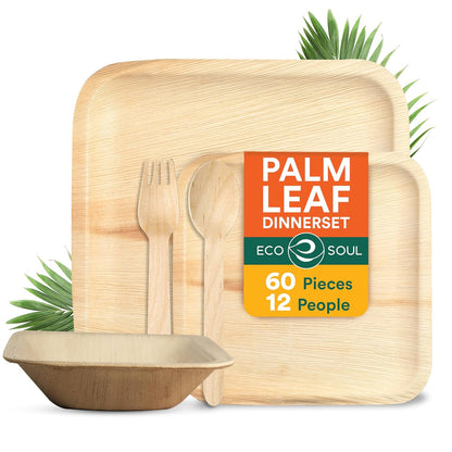 Palm Leaf Dinner Sets, Square,  Pack of 60, For 12 peoples