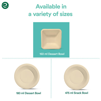 Disposable sugarcane bagasse bowls available in a variety of sizes.