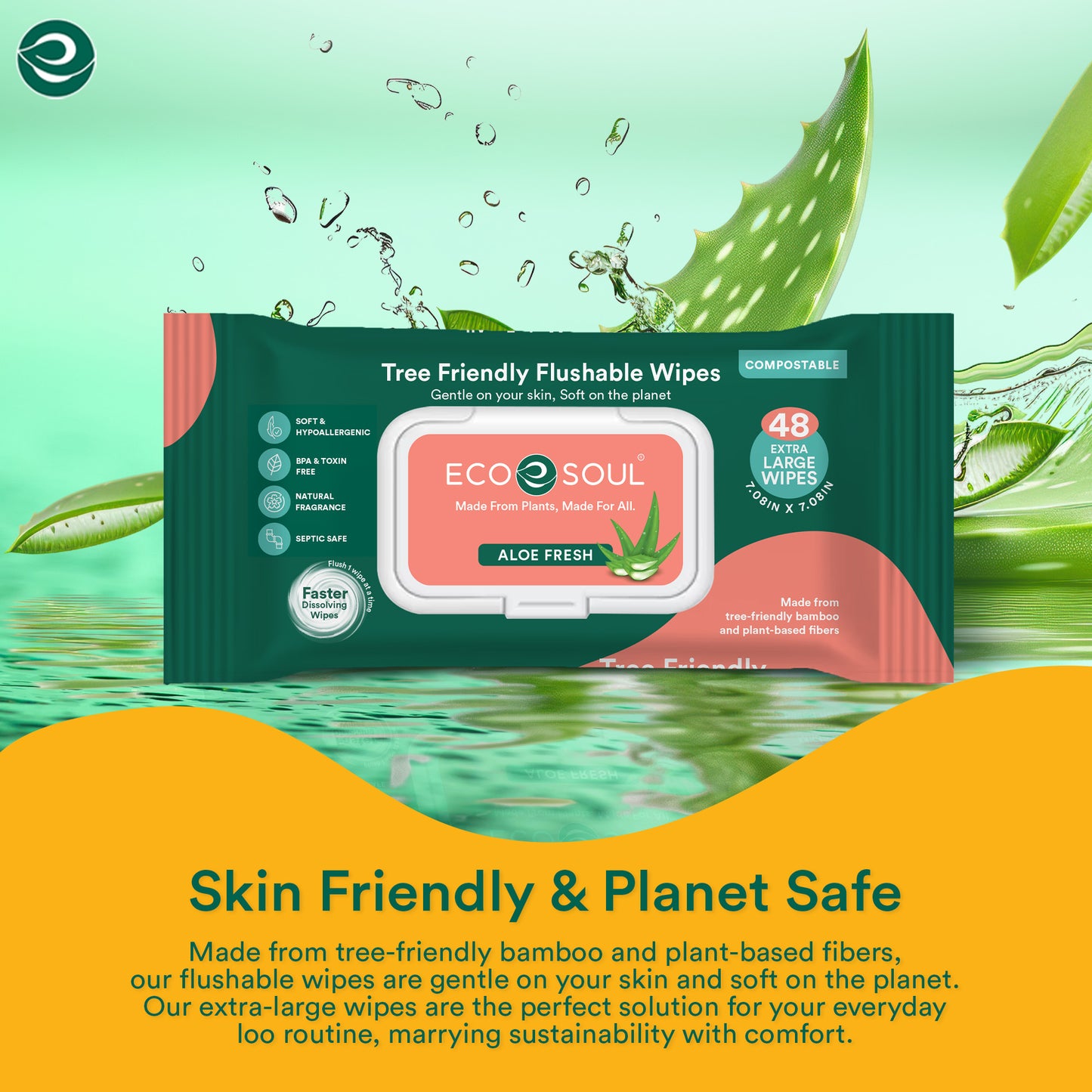 Compostable Flushable Extra-Large Adult Wipes-Aloe Fresh- Pack of 2, 48 Count