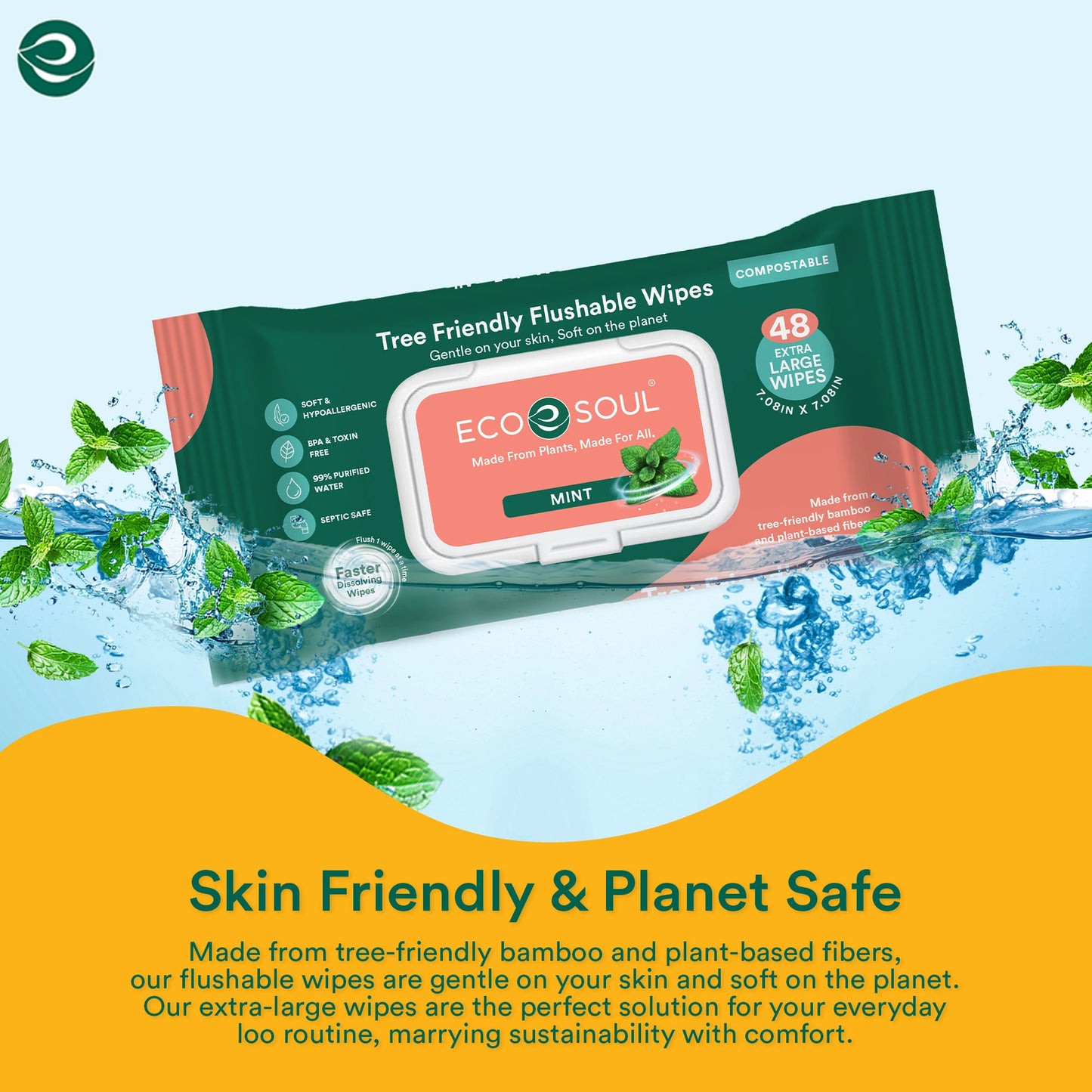 Compostable Flushable Wipes Extra-Large Adult Wipes-Mint - Pack of 2, 48 Count