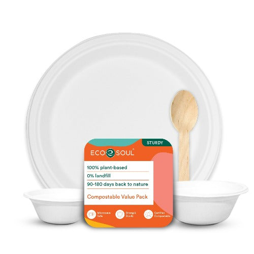 Compostable Bagasse Value Pack- Round Dinnerware Set