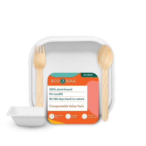 Compostable Bagasse Value Pack-Square Dinnerware Set